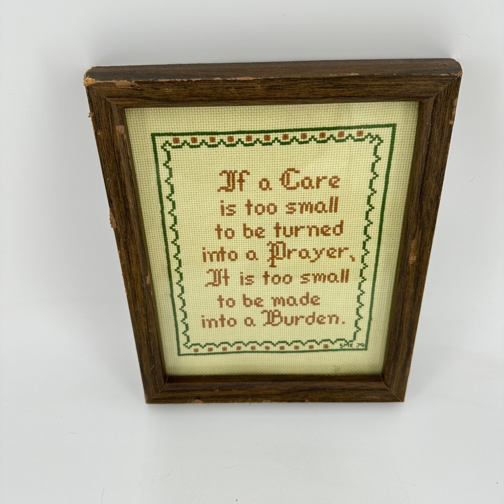 Vintage 1979 Handmade Cross Stitch Prayer Religious Wall Art Wood Frame SMK 79